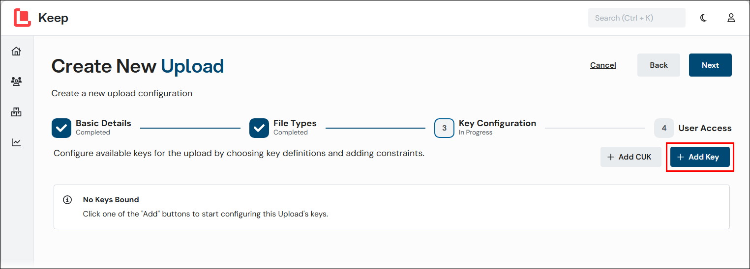 Position of the Add Key button on the Key Configuration page.